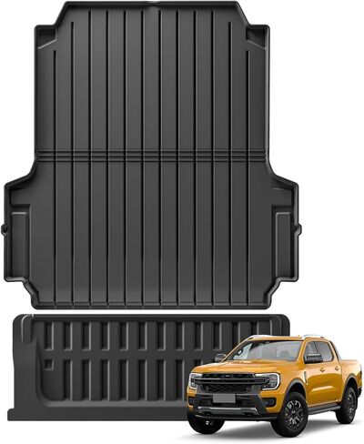 حصيرة سرير الشاحنة SMABEE وحصيرة الباب الخلفي لسيارة Ford Ranger 2024 2025 (سرير 5 أقدام، 59.6 بوصة) سجادة سرير السيارة TPE لجميع الأحوال الجوية، بطانة حماية صندوق السيارة، ملحقات داخلية باللون الأسود in Kuwait