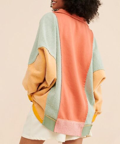 Yuemengxuan كنزات صوف نسائية كم طويل Colorblock اقتصاص المتضخم البلوز Y2k الخامس الرقبة البلوز القمم in Kuwait