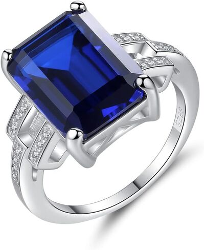 925 Sterling Silver CZ Simulated Sapphire/Emerald Ring for Women, Cubic Zirconia Emerald Cut Nano Blue/Green Gemstone Engagement Band Solitaire Costume Jewelry with Gift Box in Kuwait