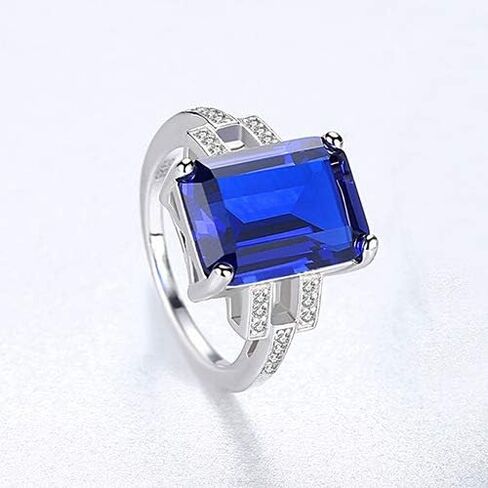 925 Sterling Silver CZ Simulated Sapphire/Emerald Ring for Women, Cubic Zirconia Emerald Cut Nano Blue/Green Gemstone Engagement Band Solitaire Costume Jewelry with Gift Box in Kuwait