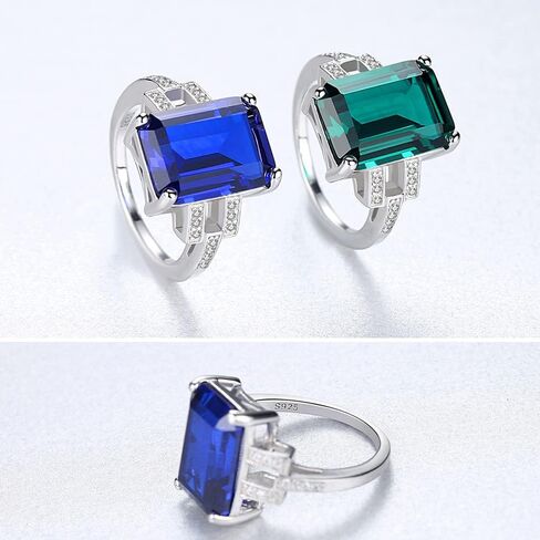 925 Sterling Silver CZ Simulated Sapphire/Emerald Ring for Women, Cubic Zirconia Emerald Cut Nano Blue/Green Gemstone Engagement Band Solitaire Costume Jewelry with Gift Box in Kuwait