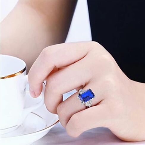 925 Sterling Silver CZ Simulated Sapphire/Emerald Ring for Women, Cubic Zirconia Emerald Cut Nano Blue/Green Gemstone Engagement Band Solitaire Costume Jewelry with Gift Box in Kuwait