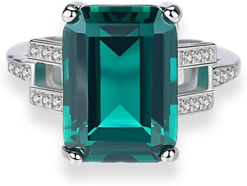 925 Sterling Silver CZ Simulated Sapphire/Emerald Ring for Women, Cubic Zirconia Emerald Cut Nano Blue/Green Gemstone Engagement Band Solitaire Costume Jewelry with Gift Box in Kuwait