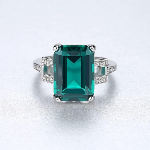 925 Sterling Silver CZ Simulated Sapphire/Emerald Ring for Women, Cubic Zirconia Emerald Cut Nano Blue/Green Gemstone Engagement Band Solitaire Costume Jewelry with Gift Box in Kuwait