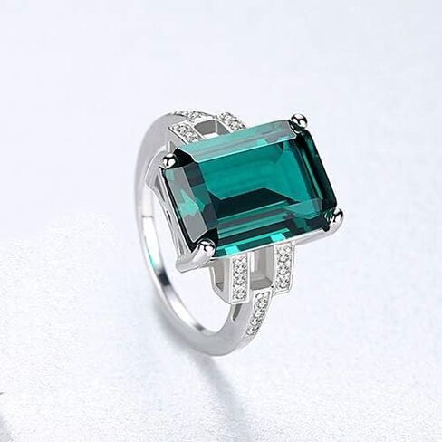 925 Sterling Silver CZ Simulated Sapphire/Emerald Ring for Women, Cubic Zirconia Emerald Cut Nano Blue/Green Gemstone Engagement Band Solitaire Costume Jewelry with Gift Box in Kuwait