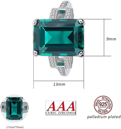 925 Sterling Silver CZ Simulated Sapphire/Emerald Ring for Women, Cubic Zirconia Emerald Cut Nano Blue/Green Gemstone Engagement Band Solitaire Costume Jewelry with Gift Box in Kuwait