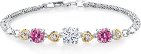 925 Sterling Silver and 10k Yellow Gold Customized and Personalized Round 7MM and 6MM Gemstone Birthstone and White Lab Grown Diamond Bracelet For Women with 6.5, 7, and 7.5 Inch Length, Made In Italy in Saudi Arabia