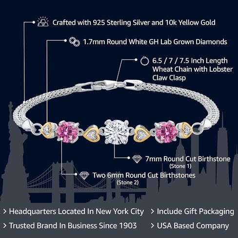 925 Sterling Silver and 10k Yellow Gold Customized and Personalized Round 7MM and 6MM Gemstone Birthstone and White Lab Grown Diamond Bracelet For Women with 6.5, 7, and 7.5 Inch Length, Made In Italy in Saudi Arabia
