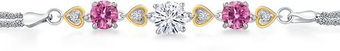 925 Sterling Silver and 10k Yellow Gold Customized and Personalized Round 7MM and 6MM Gemstone Birthstone and White Lab Grown Diamond Bracelet For Women with 6.5, 7, and 7.5 Inch Length, Made In Italy in Saudi Arabia