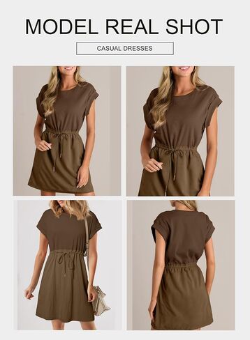 BLENCOT Womens 2025 Casual Spring Summer Drawstring Mini Dress Knit Patch Color Short Sleeve Crewneck Dress with Pockets in Kuwait