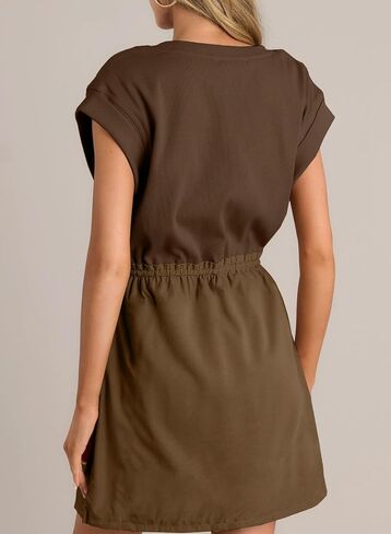 BLENCOT Womens 2025 Casual Spring Summer Drawstring Mini Dress Knit Patch Color Short Sleeve Crewneck Dress with Pockets in Kuwait