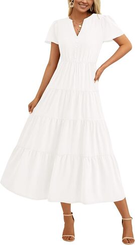 PRETTYGARDEN Women Summer Midi Dresses 2025 Casual Short Sleeve V Neck Belted Tiered Ruffle Vacation Dress with Pockets in Saudi Arabia