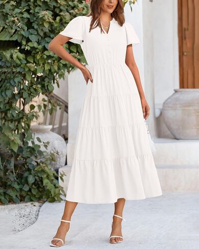 PRETTYGARDEN Women Summer Midi Dresses 2025 Casual Short Sleeve V Neck Belted Tiered Ruffle Vacation Dress with Pockets in Saudi Arabia