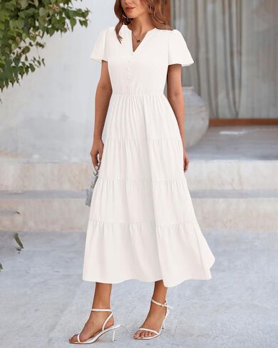 PRETTYGARDEN Women Summer Midi Dresses 2025 Casual Short Sleeve V Neck Belted Tiered Ruffle Vacation Dress with Pockets in Saudi Arabia