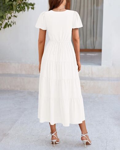 PRETTYGARDEN Women Summer Midi Dresses 2025 Casual Short Sleeve V Neck Belted Tiered Ruffle Vacation Dress with Pockets in Saudi Arabia