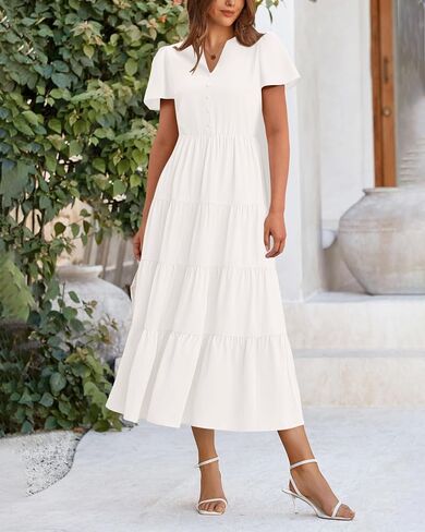 PRETTYGARDEN Women Summer Midi Dresses 2025 Casual Short Sleeve V Neck Belted Tiered Ruffle Vacation Dress with Pockets in Saudi Arabia