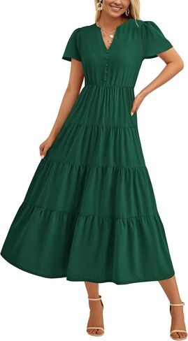 PRETTYGARDEN Women Summer Midi Dresses 2025 Casual Short Sleeve V Neck Belted Tiered Ruffle Vacation Dress with Pockets in Saudi Arabia