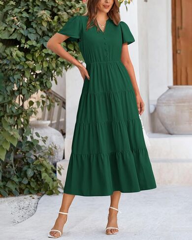PRETTYGARDEN Women Summer Midi Dresses 2025 Casual Short Sleeve V Neck Belted Tiered Ruffle Vacation Dress with Pockets in Saudi Arabia