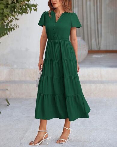 PRETTYGARDEN Women Summer Midi Dresses 2025 Casual Short Sleeve V Neck Belted Tiered Ruffle Vacation Dress with Pockets in Saudi Arabia