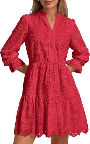 PRETTYGARDEN Women's Long Puff Sleeve Mini Dress Hollow Out Lace V Neck A Line Ruffle Casual Holiday Party Dresses in Saudi Arabia