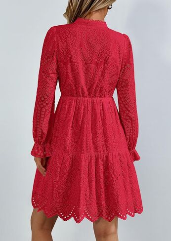 PRETTYGARDEN Women's Long Puff Sleeve Mini Dress Hollow Out Lace V Neck A Line Ruffle Casual Holiday Party Dresses in Saudi Arabia