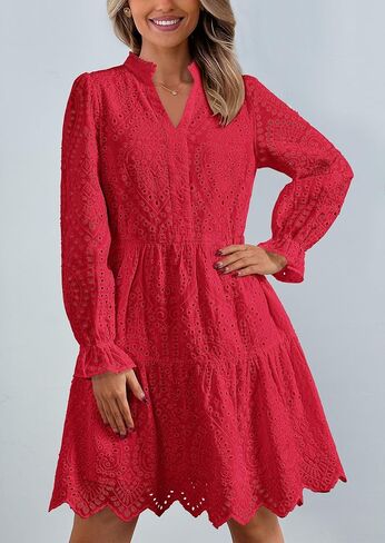 PRETTYGARDEN Women's Long Puff Sleeve Mini Dress Hollow Out Lace V Neck A Line Ruffle Casual Holiday Party Dresses in Saudi Arabia