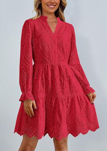 PRETTYGARDEN Women's Long Puff Sleeve Mini Dress Hollow Out Lace V Neck A Line Ruffle Casual Holiday Party Dresses in Saudi Arabia
