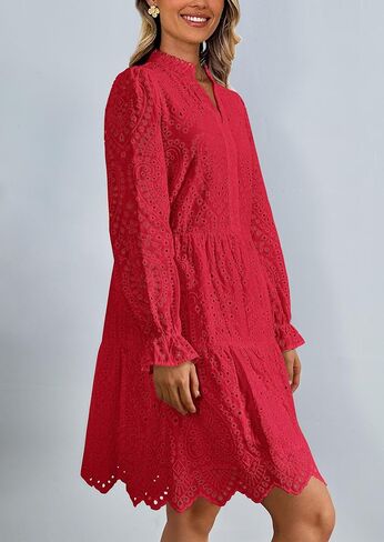 PRETTYGARDEN Women's Long Puff Sleeve Mini Dress Hollow Out Lace V Neck A Line Ruffle Casual Holiday Party Dresses in Saudi Arabia