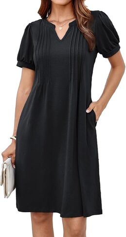 GRACE KARIN Women's 2025 V Neck Puff Short Sleeve T Shirt Dress Pleated Casual Loose Tunic Mini Dress in Saudi Arabia