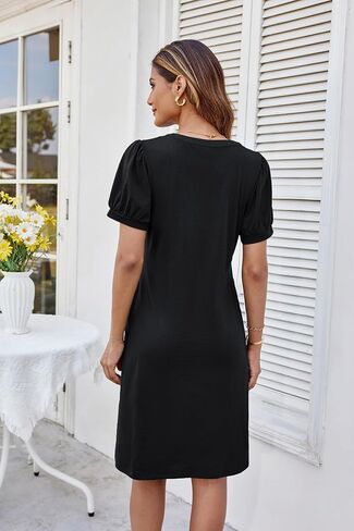 GRACE KARIN Women's 2025 V Neck Puff Short Sleeve T Shirt Dress Pleated Casual Loose Tunic Mini Dress in Saudi Arabia