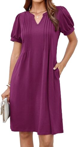 GRACE KARIN Women's 2025 V Neck Puff Short Sleeve T Shirt Dress Pleated Casual Loose Tunic Mini Dress in Saudi Arabia
