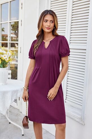 GRACE KARIN Women's 2025 V Neck Puff Short Sleeve T Shirt Dress Pleated Casual Loose Tunic Mini Dress in Saudi Arabia