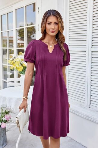GRACE KARIN Women's 2025 V Neck Puff Short Sleeve T Shirt Dress Pleated Casual Loose Tunic Mini Dress in Saudi Arabia