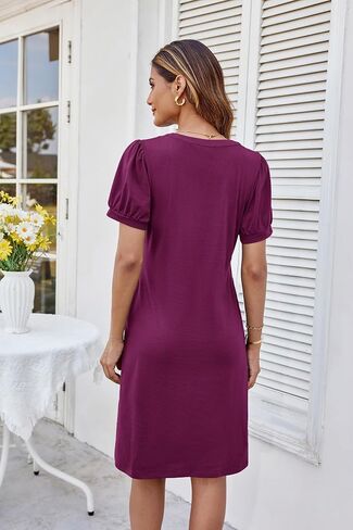 GRACE KARIN Women's 2025 V Neck Puff Short Sleeve T Shirt Dress Pleated Casual Loose Tunic Mini Dress in Saudi Arabia