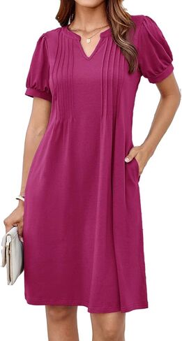GRACE KARIN Women's 2025 V Neck Puff Short Sleeve T Shirt Dress Pleated Casual Loose Tunic Mini Dress in Saudi Arabia