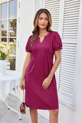 GRACE KARIN Women's 2025 V Neck Puff Short Sleeve T Shirt Dress Pleated Casual Loose Tunic Mini Dress in Saudi Arabia