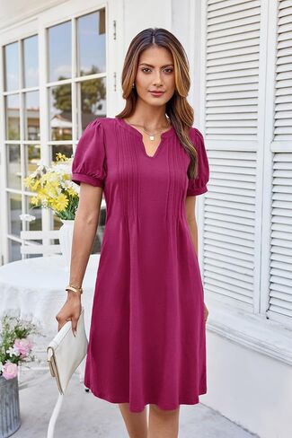GRACE KARIN Women's 2025 V Neck Puff Short Sleeve T Shirt Dress Pleated Casual Loose Tunic Mini Dress in Saudi Arabia
