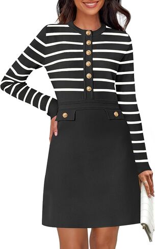 MEROKEETY Women's Long Sleeve Striped Sweater Dress Button Crewneck Fall Bodycon Formal Mini Dresses in Saudi Arabia