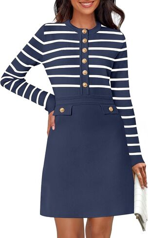 MEROKEETY Women's Long Sleeve Striped Sweater Dress Button Crewneck Fall Bodycon Formal Mini Dresses in Saudi Arabia