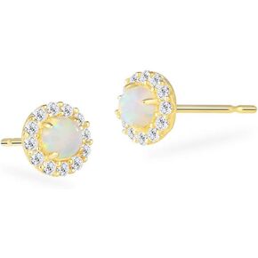 Real 14K Yellow Gold Created Opal CZ Accent Round Halo Dainty Stud Earrings