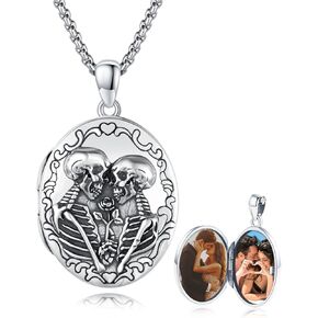 Skull Locket Necklace,925 Sterling Silver Gothic Jewelry Gothic Locket Pendant Couple Skull Necklace Holds Photo Memorial Jewelry for Her