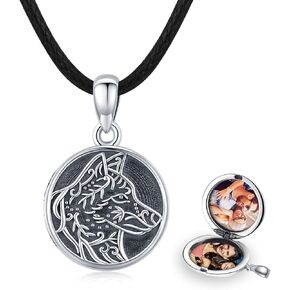MEDWISE Wolf Viking Locket Necklace 925 Sterling Silver Wolf Locket That Holds Pictures Personalized Wolf Photo Memorial Wolf Jewelry for Women Men Son Lover Gift Valentines