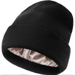 Satin Lined Knit Beanie Hat for Women Men Lightweight Winter Silk Lining Soft Slouchy Warm Cuffed Beanie Hat Anti-Static