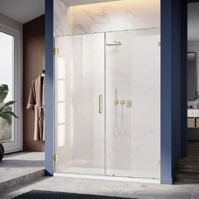 Frameless Glass Shower Door, 52 Inch W x 74 Inch H Clear Tempered Glass Hinged Pivot Bathroom Door, Brushed Gold Stainless Steel Shower Enclosure.