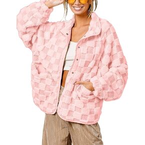 Arssm Women Checkered Fleece Jacket Oversized Fuzzy Coat Long Sleeve Button Down Winter Warm Faux Fur Outwear