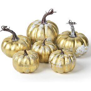 Lvydec Artificial Pumpkins Set Harvest Decoration Clearance, 6pcs Assorted Size Gold Pumpkins Fake Foam Pumpkins for Halloween Thanksgiving Autumn Festive Party Supplies
