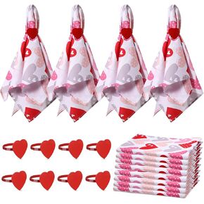 8 Sets Valentine's Day Cloth Napkins with Red Heart Napkin Rings Set Reusable Cotton Fabric Love Cocktail Napkins Metal Heart Shape Napkin Rings Holders for Valentine's Day Wedding Dinner (Delicate)
