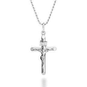 Miabella Rhodium Plated 925 Sterling Silver Small or Large Crucifix Necklace for Men Women, Cross Pendant with Rope Chain, Made in Italy