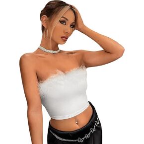 SOLY HUX Women's Sexy Sleeveless Crop Tube Fuzzy Trim Contrast Faux Fur Summer White Tops