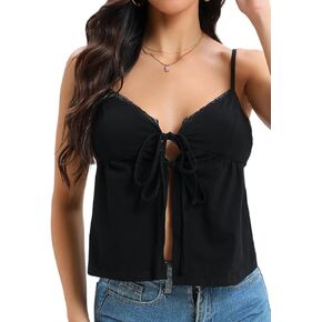 Women's Sexy Lace Spaghetti Strap Y2k Vests Tie Split Front Tank Backless Halter Crop Tops